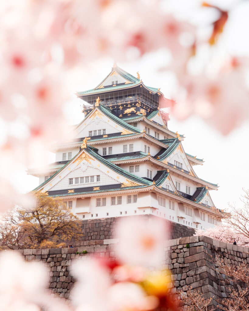 Osaka Castle with cherry blossoms in spring, fine art print, Japan heritage photography